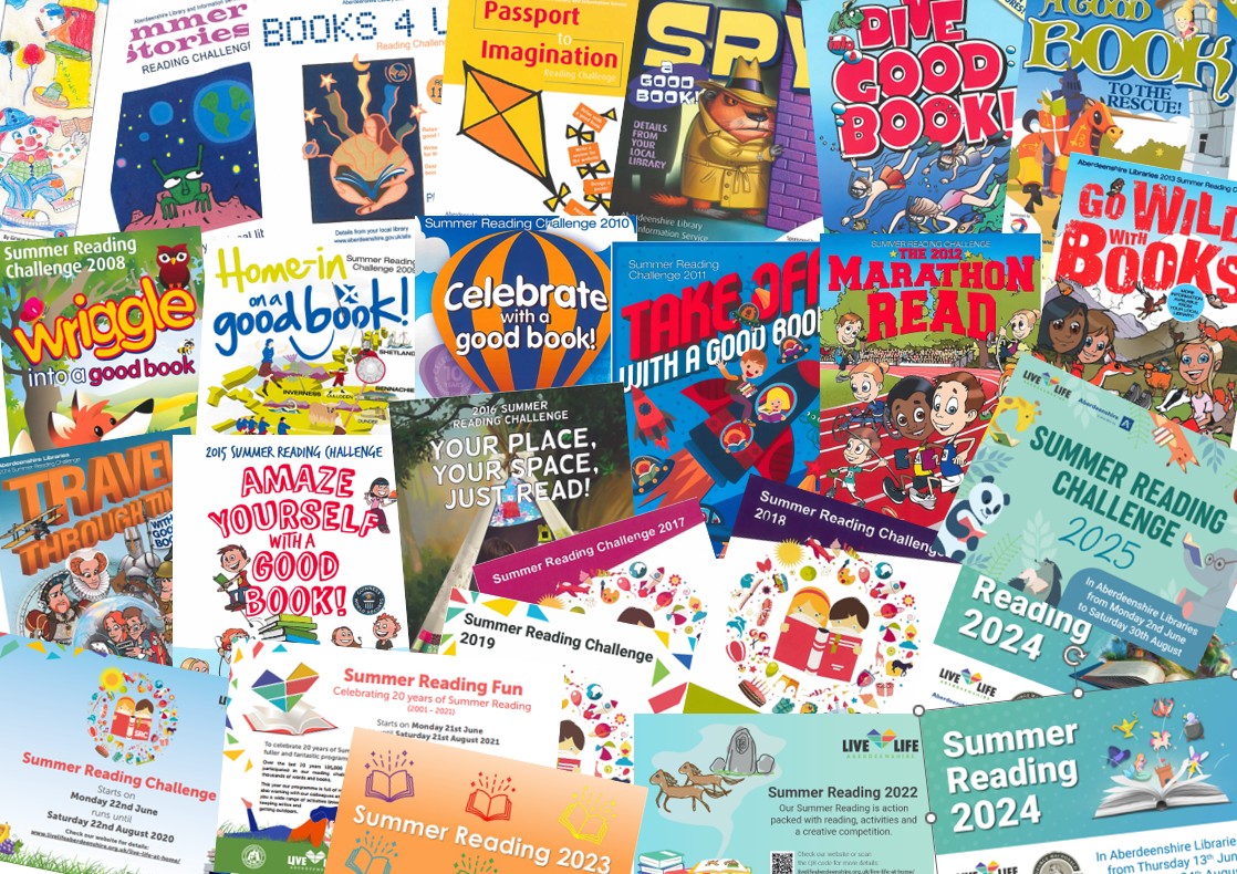 A collage of different Aberdeenshire Summer Reading posters since 2001