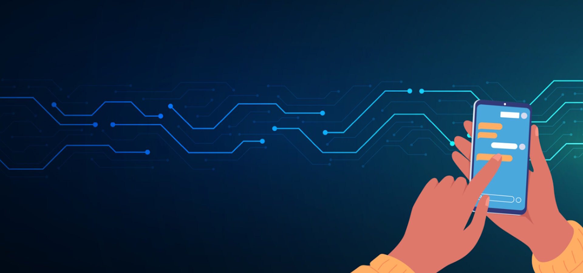 A graphic with a dark navy background including someone holding a mobile phone