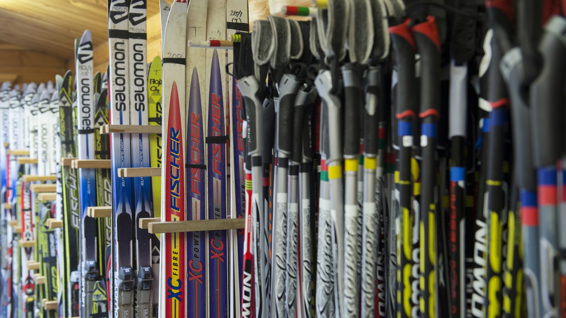 A selection of skis available in the ski shop