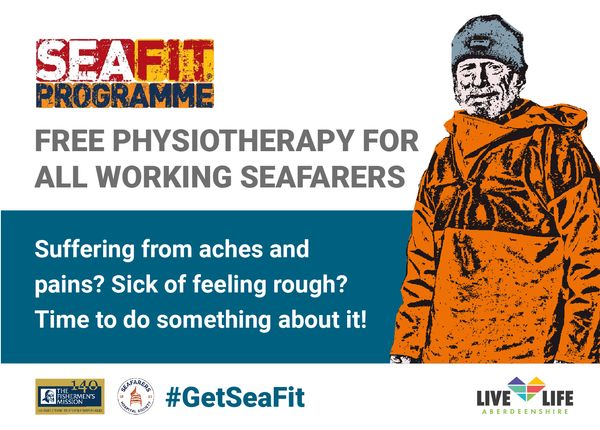 Poster image reads: Free Physiotherapy for all working seafarers. Suffering from aches and pains? Sick of feeling rough? Time to do something about it!