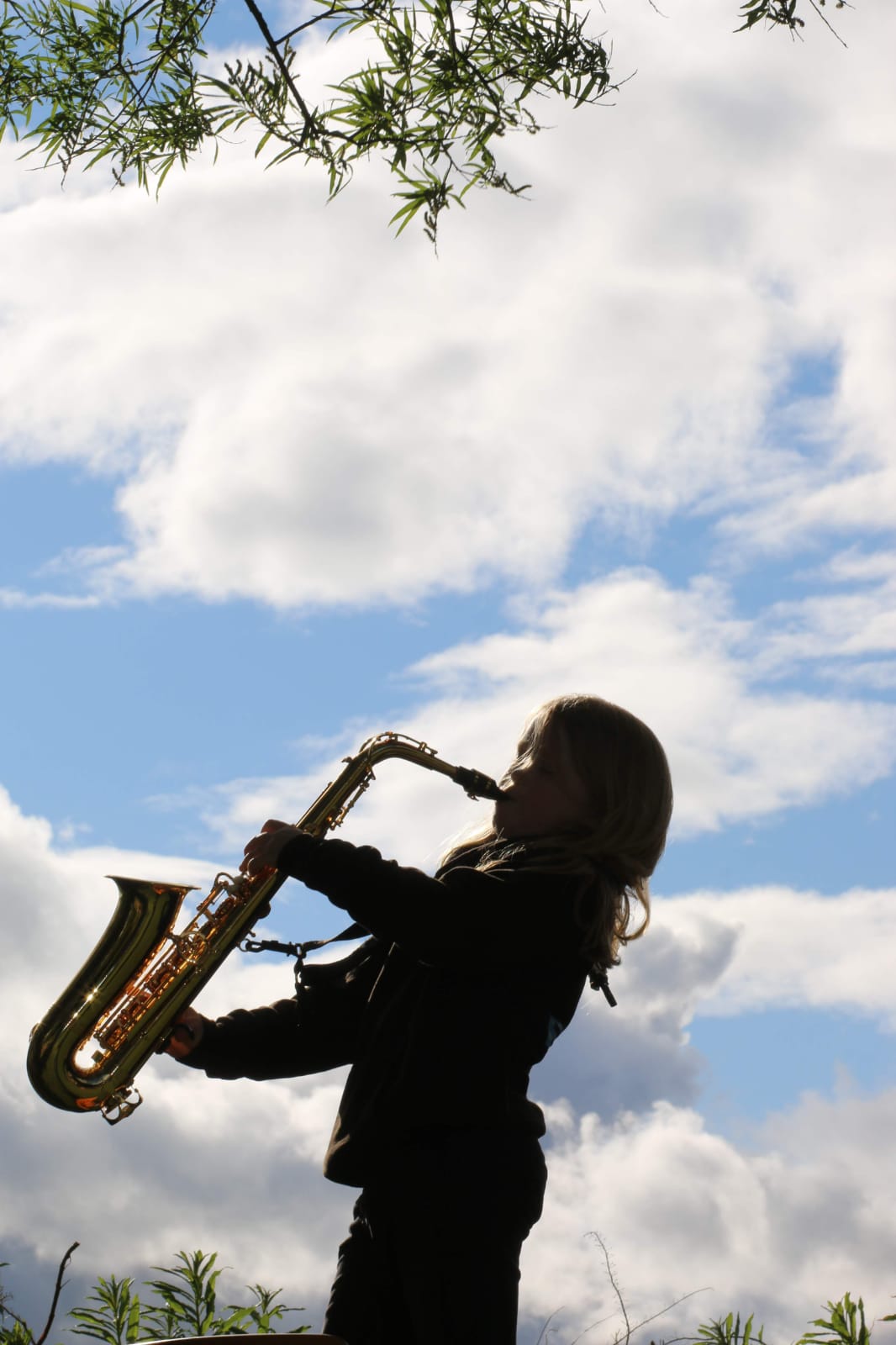 A silhouette of a girl playing a saxophone outdoors.
