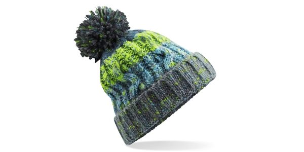 A woolen bobble hat in green and blue