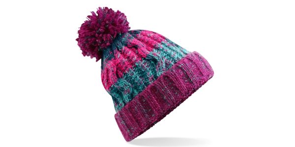 Woolen bobble hat in pink and blue