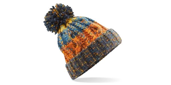 Woolen bobble hat in orange and blue
