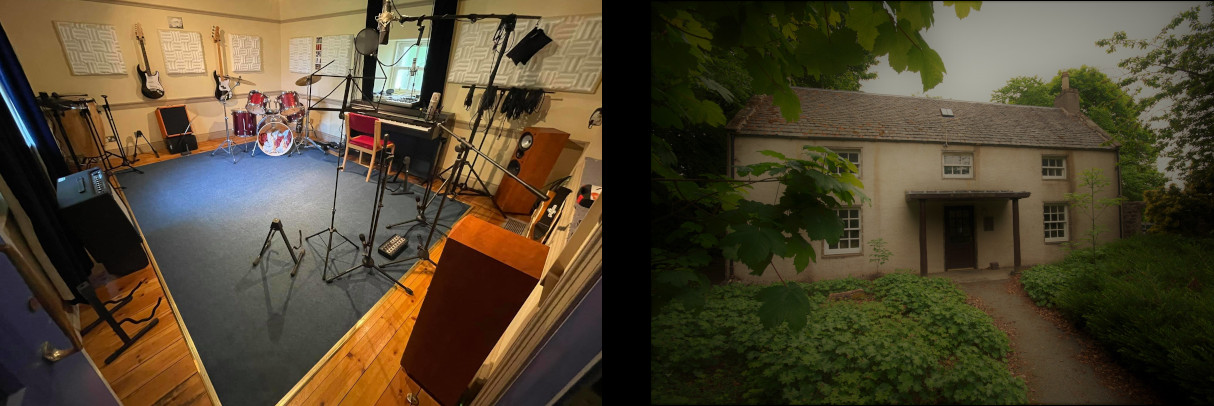 Inside recording room and building from outside