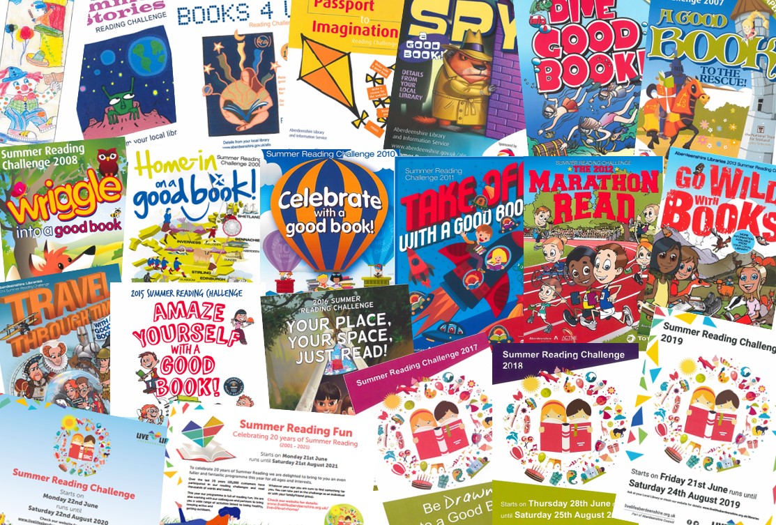 A collage of different Aberdeenshire Summer Reading posters since 2001