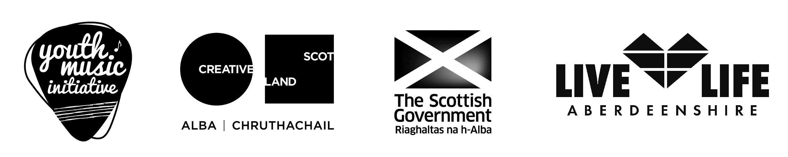 Youth Music Initiative Logo, Creative Scotland Logo, Scottish Government Logo and Live Life Aberdeenshire Logo
