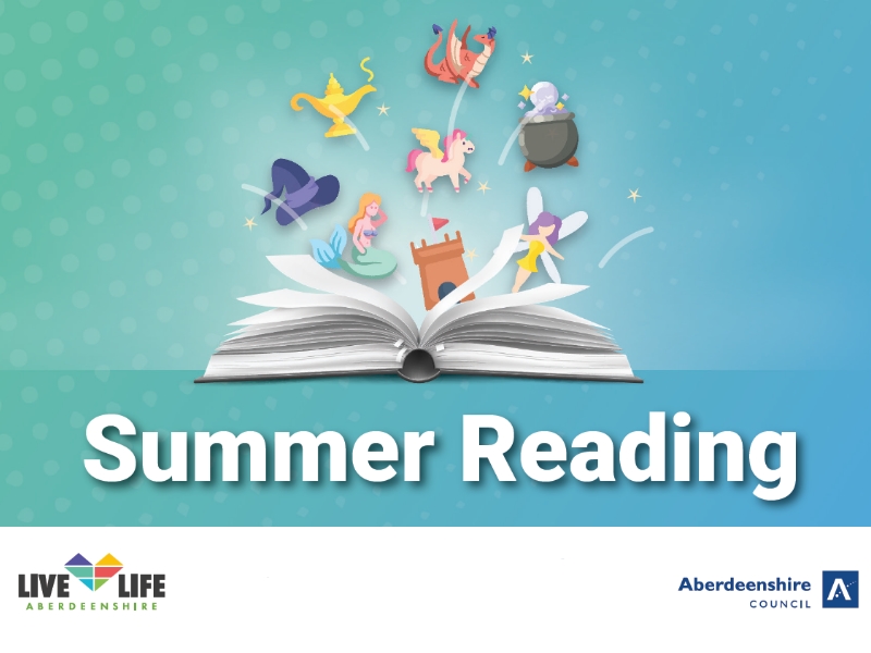 Summer Reading logo with an open book with fantasy graphics emerging from the pages