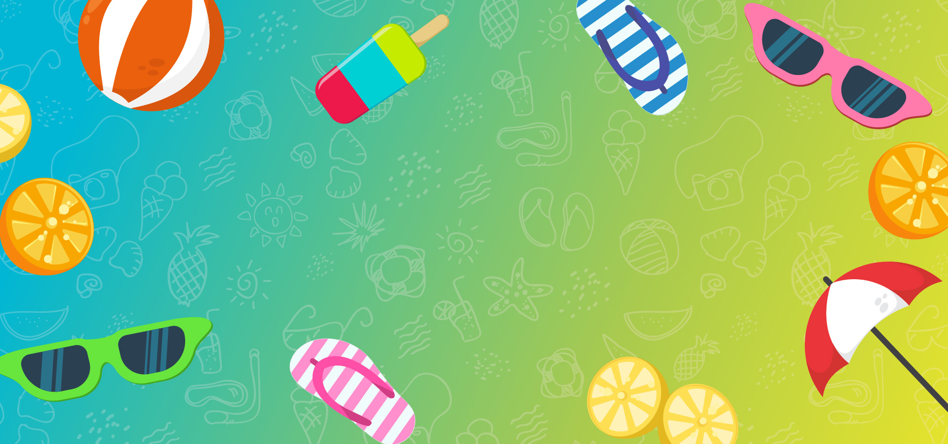 A blue and yellow background with lots of summer graphics such as beach balls and sunglasses